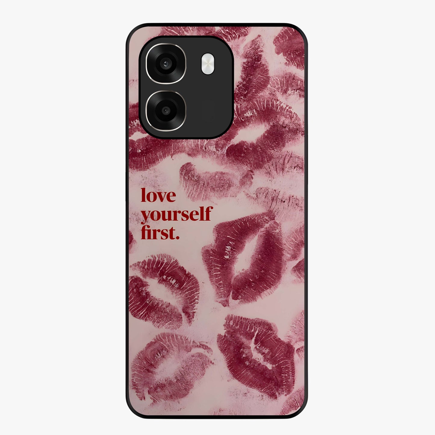 Crimson Kiss Love Glass Case showing flat back view with romantic crimson themed artwork and glossy glass finish.