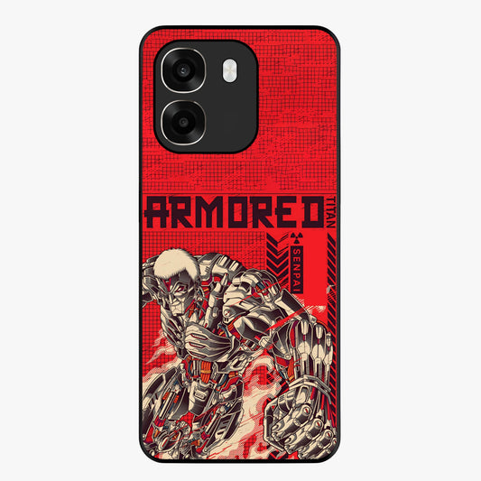 Crimson Mecha Titan Glass Case showing flat back view with powerful mech titan artwork and glossy glass finish.