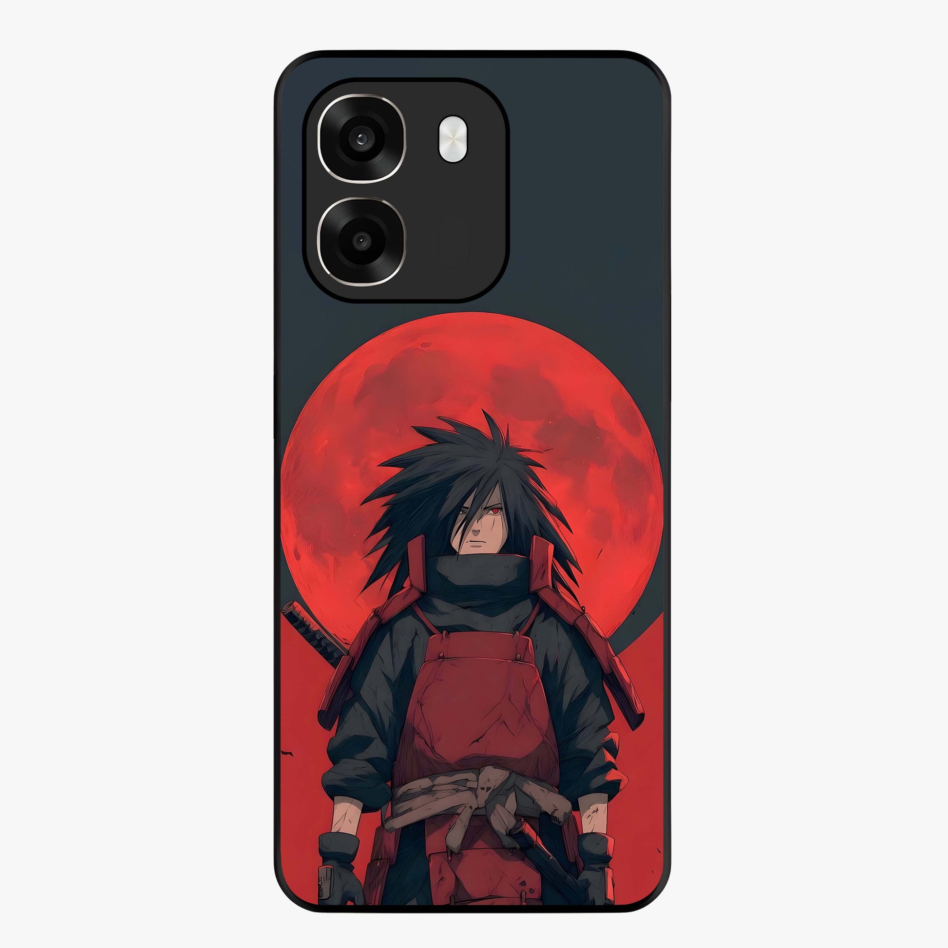 Crimson Moon Warlord Glass Case showing flat back view with mystical moon warrior artwork and glossy glass finish.