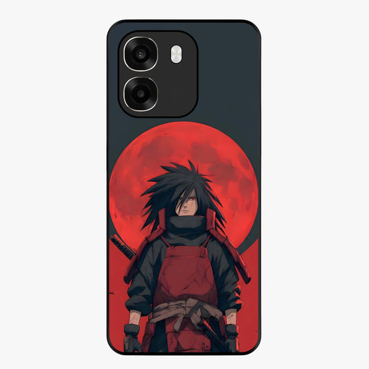 Crimson Moon Warlord Glass Case showing flat back view with mystical moon warrior artwork and glossy glass finish.