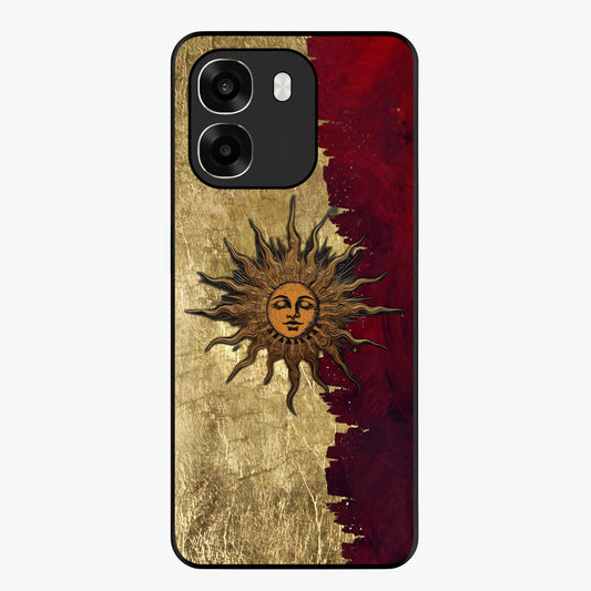 Crimson Sun Majesty Glass Case showing flat back view with radiant sun inspired artwork and glossy glass finish.