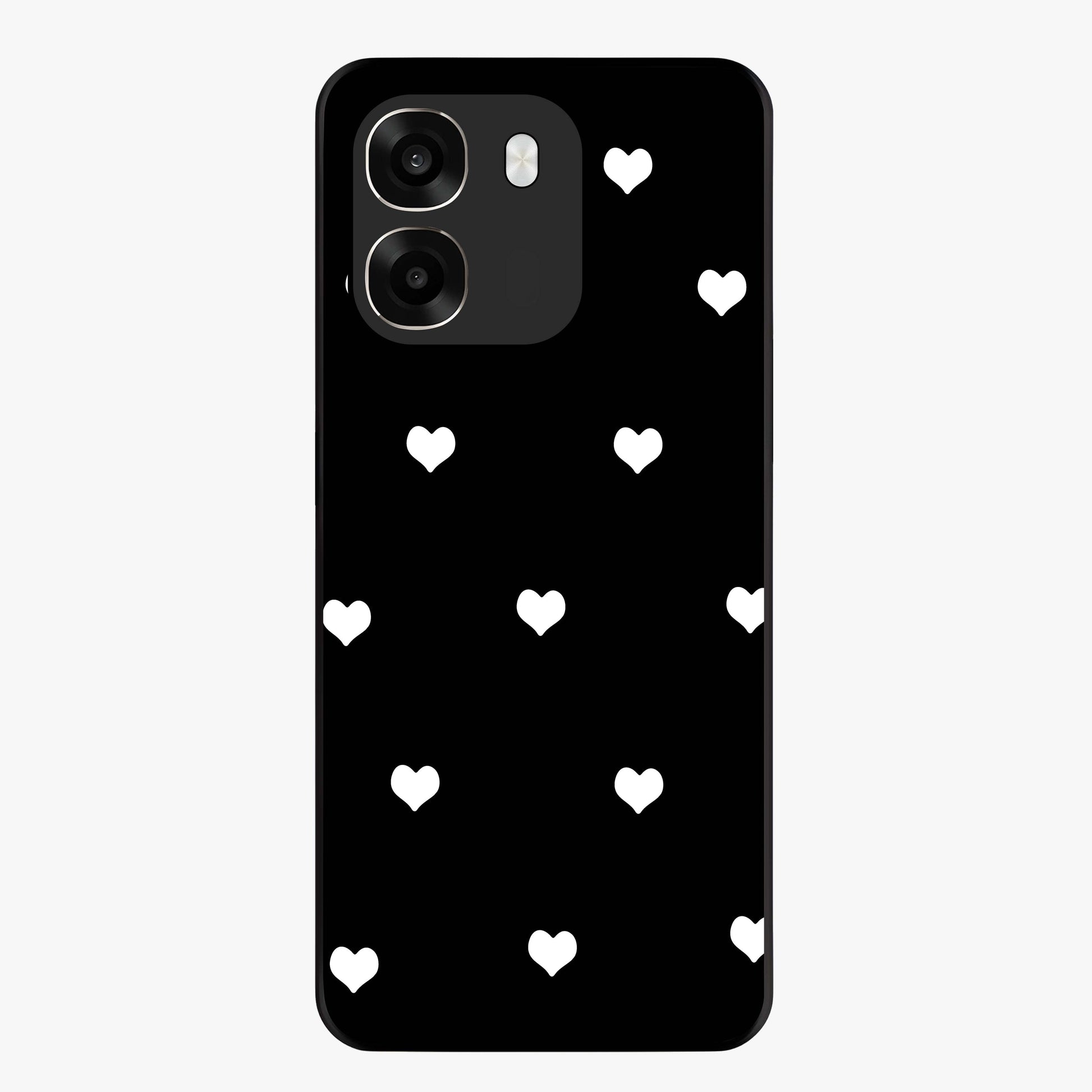 Cute And Simple White Hearts Glass Case showing flat back view with minimal white heart pattern and glossy glass finish.