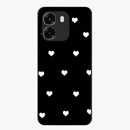 Cute And Simple White Hearts Glass Case showing flat back view with minimal white heart pattern and glossy glass finish.