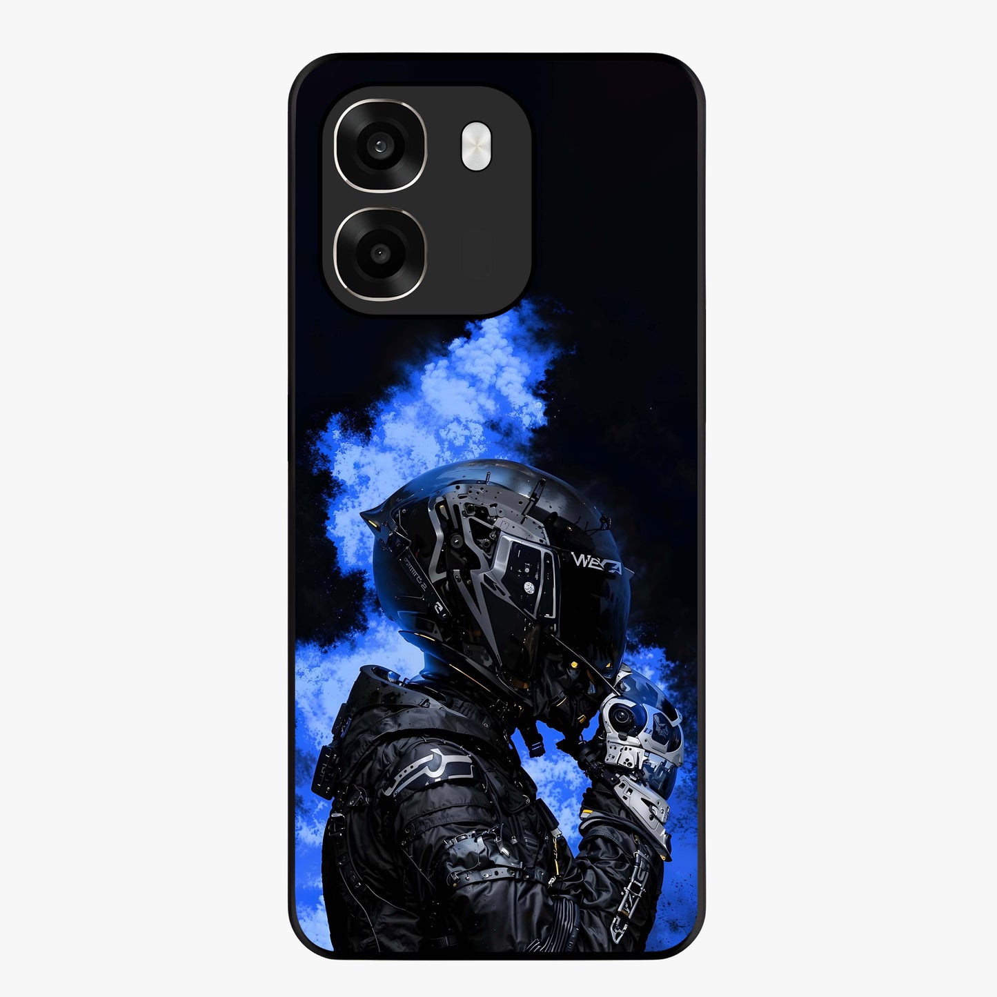 Cyber Sentinel Protocol Glass Case showing flat back view with futuristic cyber themed artwork and glossy glass finish.