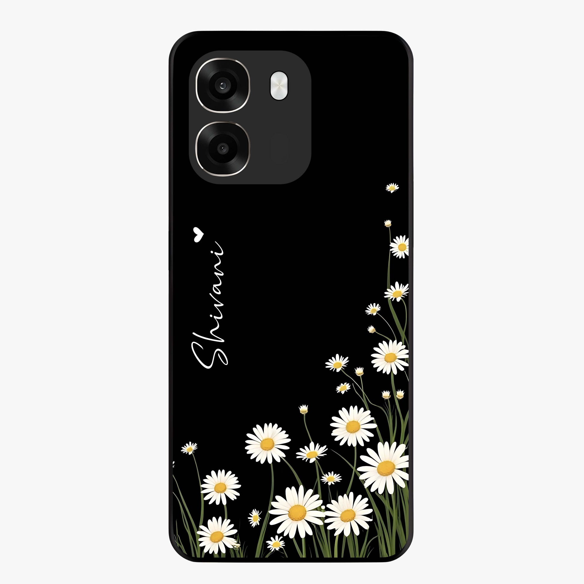 Daisy Cascade Custom Name Glass Case showing flat back view with cascading daisy flowers and personalized name design.