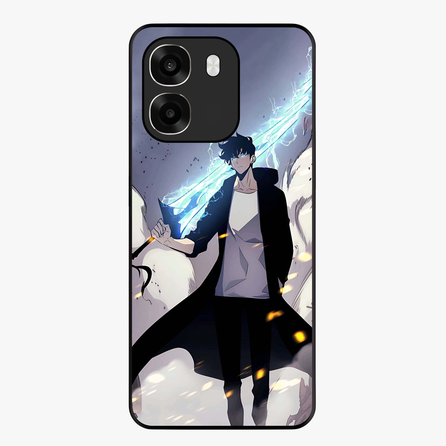 Dark Lightning Anime Warrior Glass Case showing flat back view with intense anime warrior artwork and glossy glass finish.