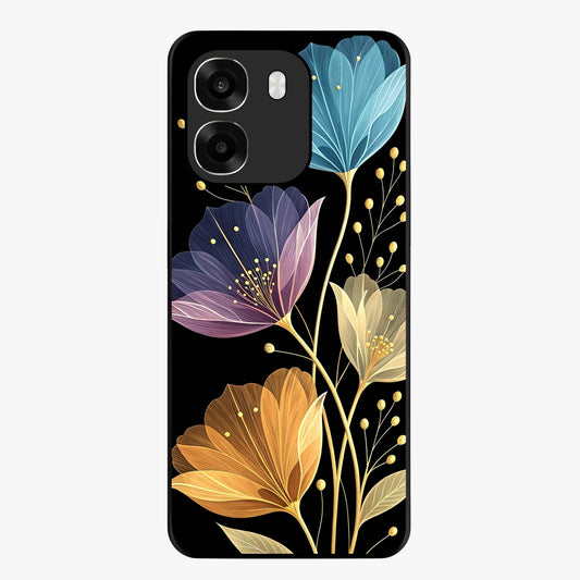 Delicate Multicolor Flowers Glass Case showing flat back view with vibrant floral artwork and glossy glass finish.