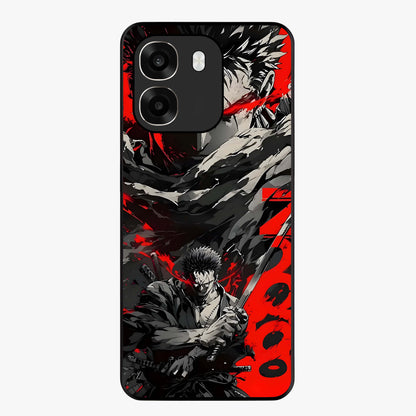 Demon Sword Resolve Glass Case showing flat back view with fierce sword warrior artwork and glossy glass finish.