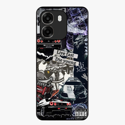 Die Young Glass Case showing flat back view with bold artistic typography design and glossy glass finish.