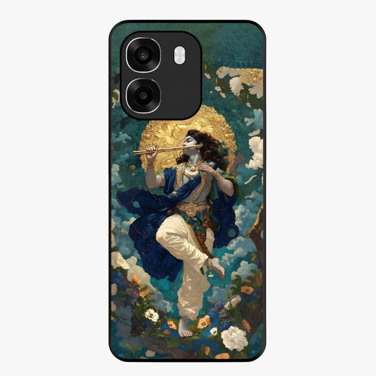 Divine Krishna Art Glass Case showing flat back view with Lord Krishna artwork and glossy glass finish.