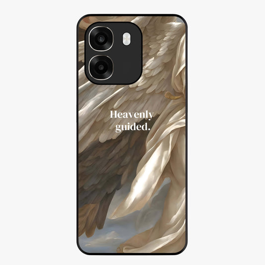 Divine Winged Grace Glass Case showing flat back view with elegant wing inspired artwork and glossy glass finish.