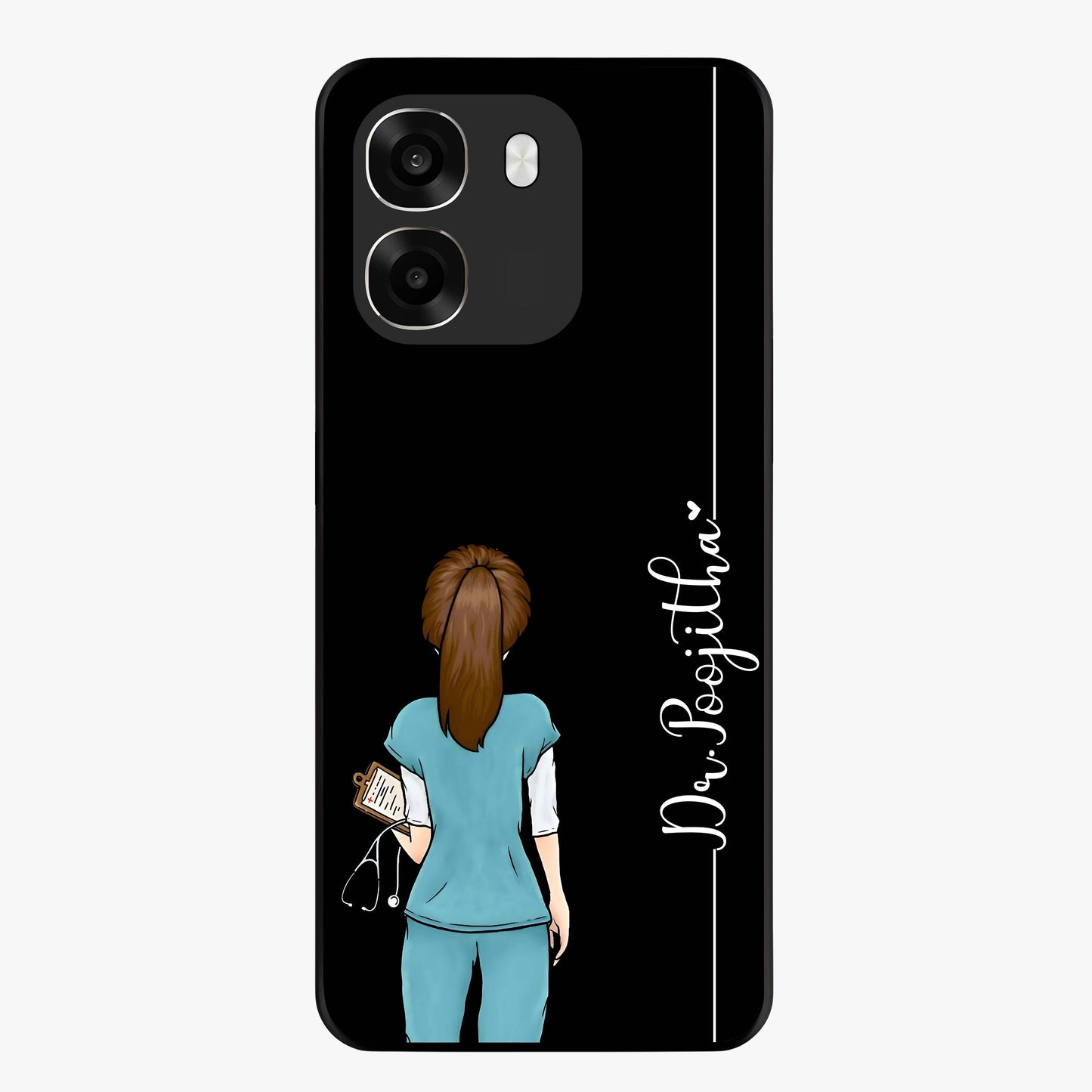 Doctor Pattern Custom Name Glass Case showing flat back view with medical themed pattern and personalized name design.