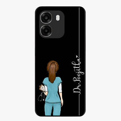 Doctor Pattern Custom Name Glass Case showing flat back view with medical themed pattern and personalized name design.