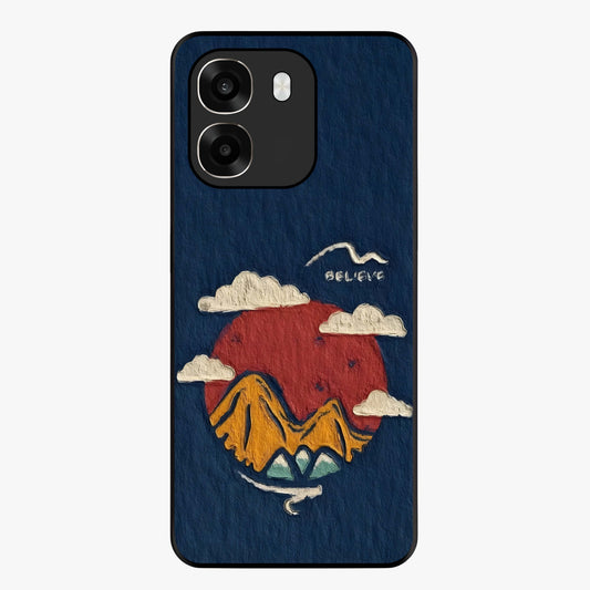 Dream Beyond Mountains Glass Case showing flat back view with scenic mountain landscape artwork and glossy glass finish.