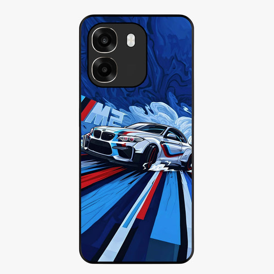 Drift Power Rush Glass Case showing flat back view with dynamic racing inspired artwork and glossy glass finish.