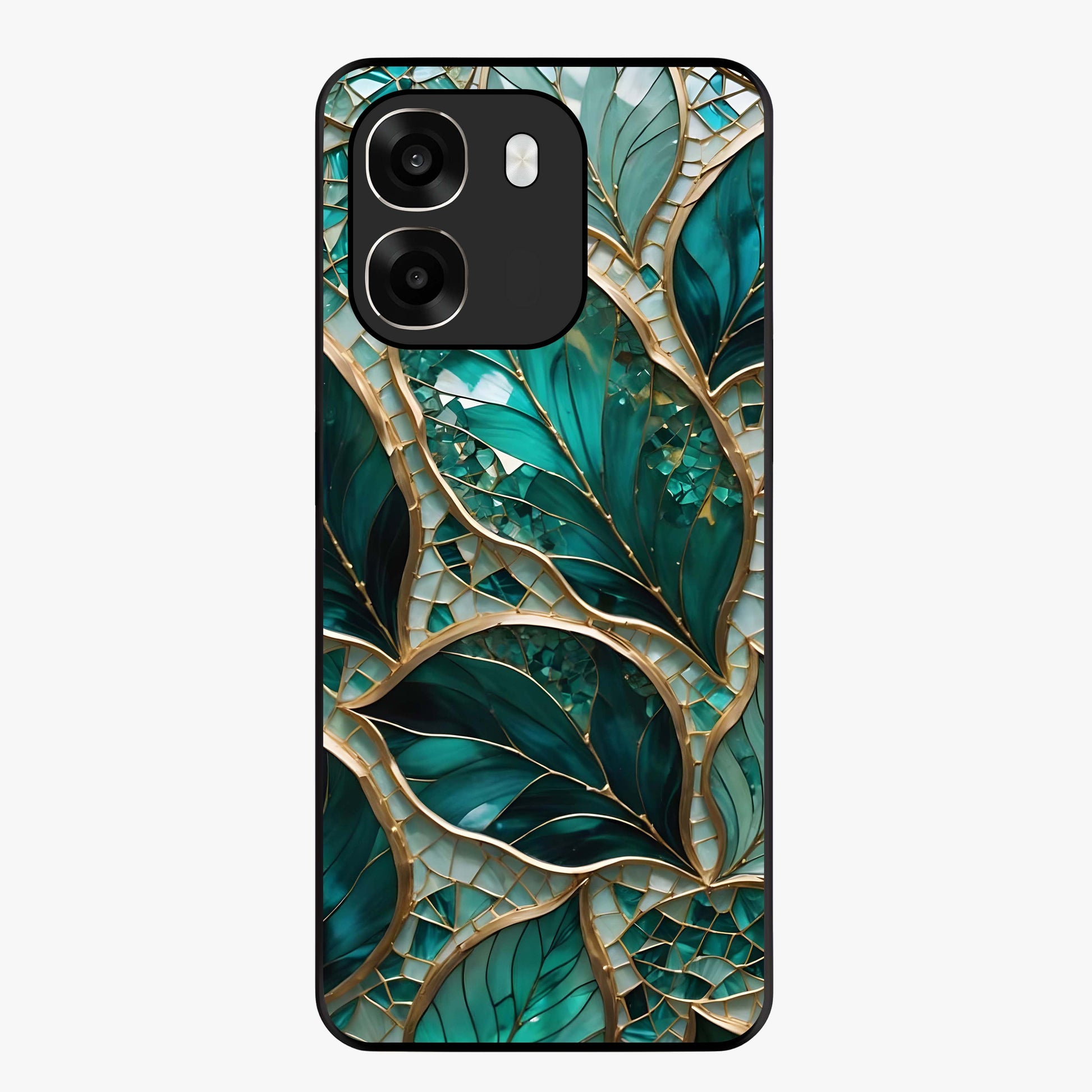 Emerald Leaf Glass Glass Case showing flat back view with emerald green leaf artwork and glossy glass finish.