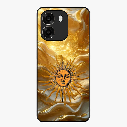 Eternal Golden Glow Glass Case showing flat back view with radiant golden themed artwork and glossy glass finish.
