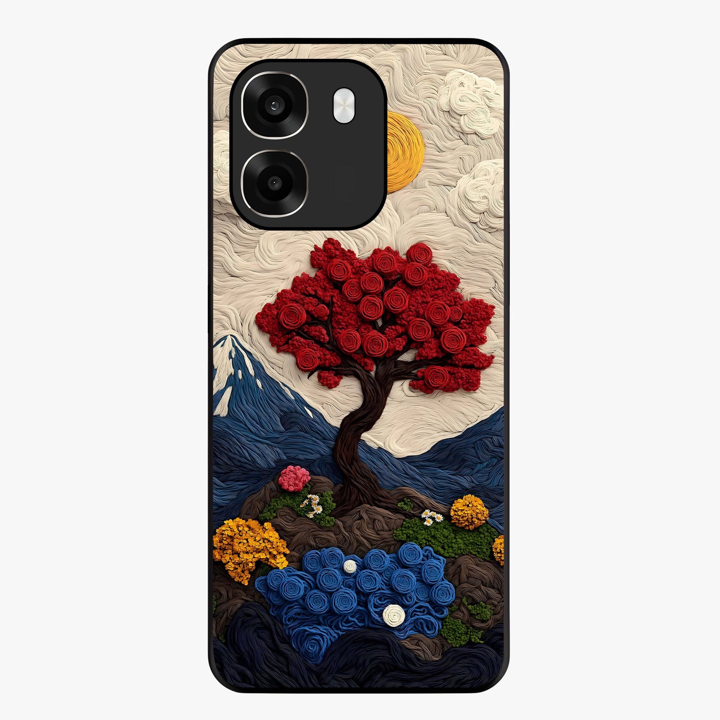 Eternal Nature Tapestry Glass Case showing flat back view with intricate nature tapestry artwork and glossy glass finish.
