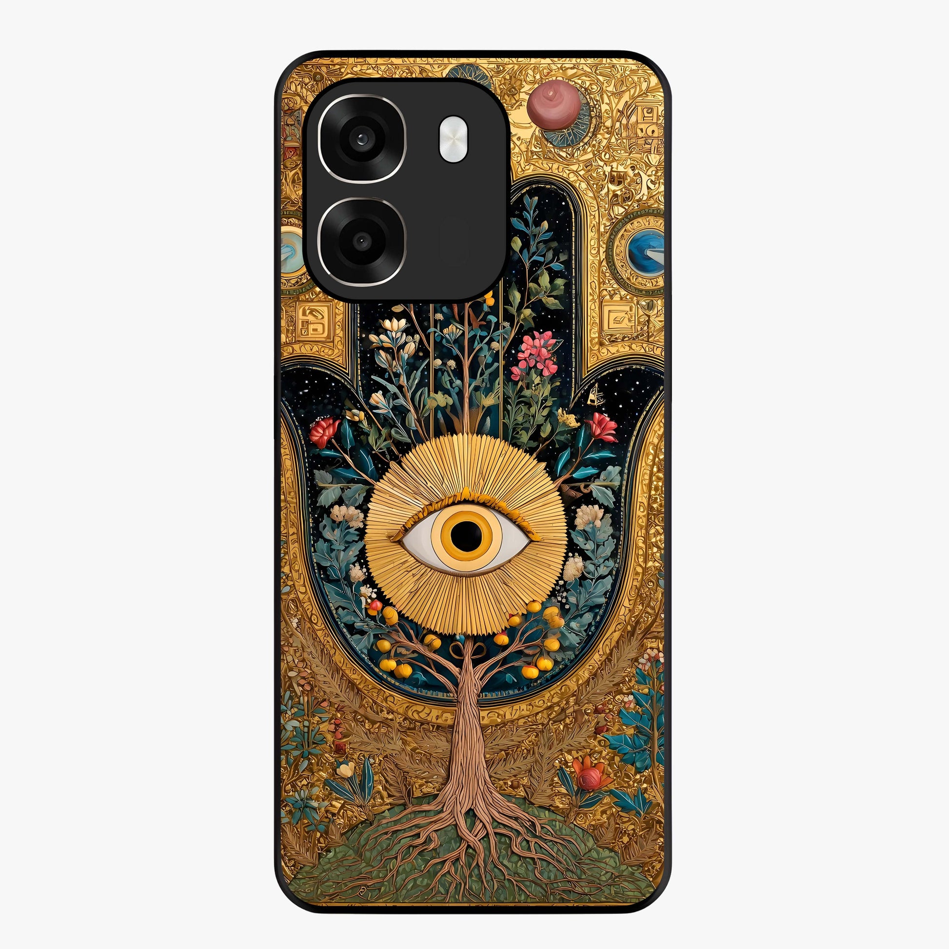 Ethereal Evil Eye Glass Case showing flat back view with mystical evil eye artwork and glossy glass finish.