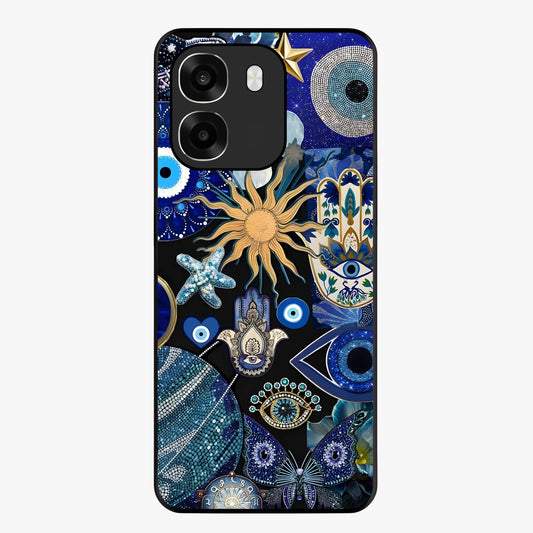 Evil Eye Charm Mix Glass Case showing flat back view with multiple evil eye charms artwork and glossy glass finish.