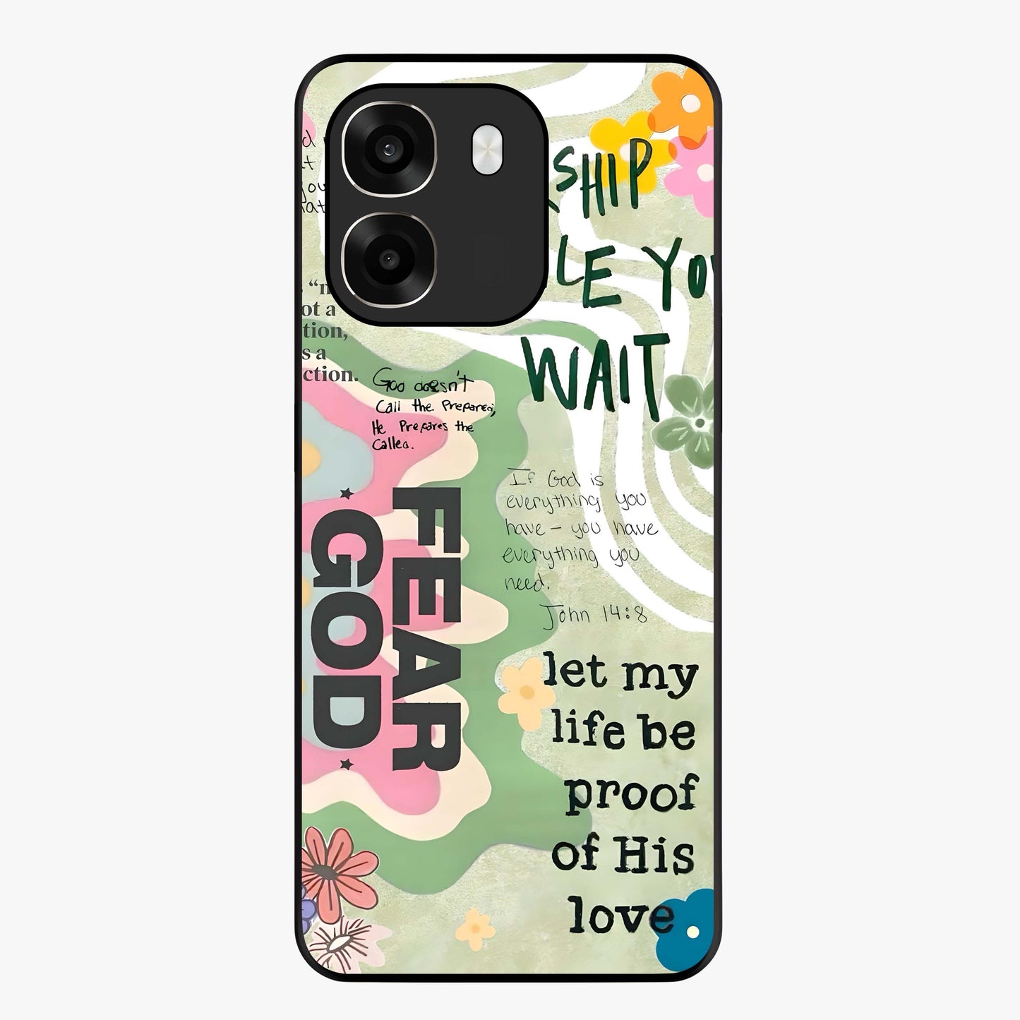Faith Over Fear Glass Case showing flat back view with motivational typography artwork and glossy glass finish.