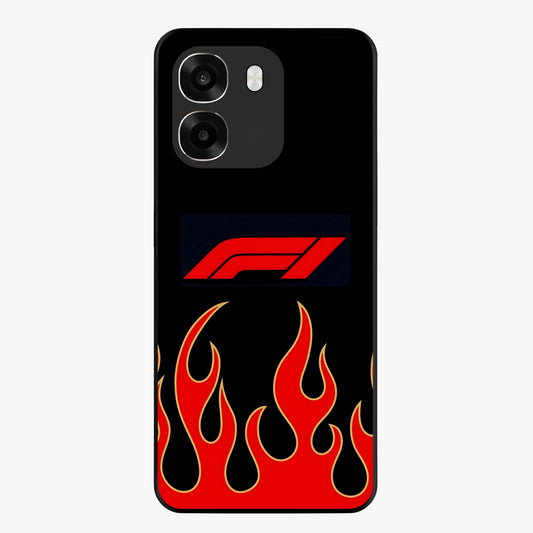 Fire F11 Glass Case showing flat back view with fiery themed artwork and glossy glass finish.
