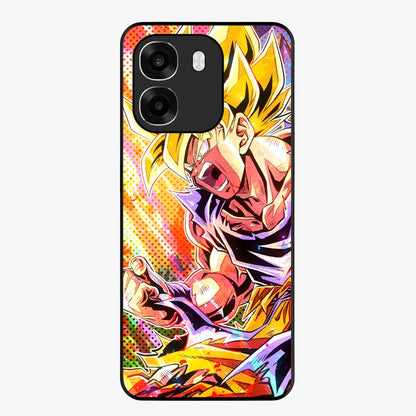 Firing Goku Glass Case showing flat back view with powerful anime inspired artwork and glossy glass finish.