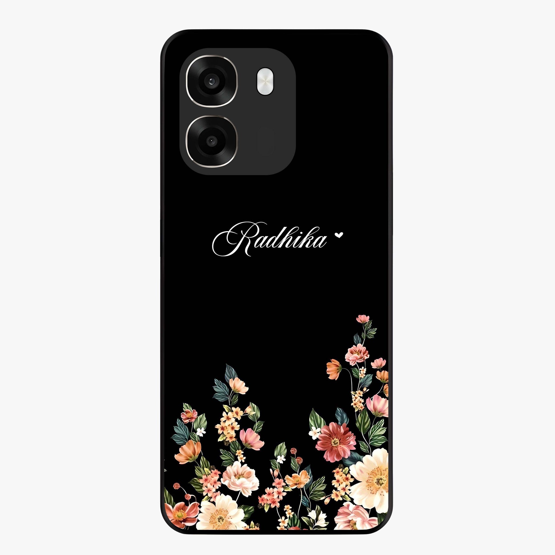 Floral Design With a Custom Personalized Name Glass Case showing flat back view with floral artwork and personalized name design.