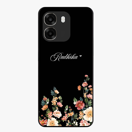 Floral Design With a Custom Personalized Name Glass Case showing flat back view with floral artwork and personalized name design.