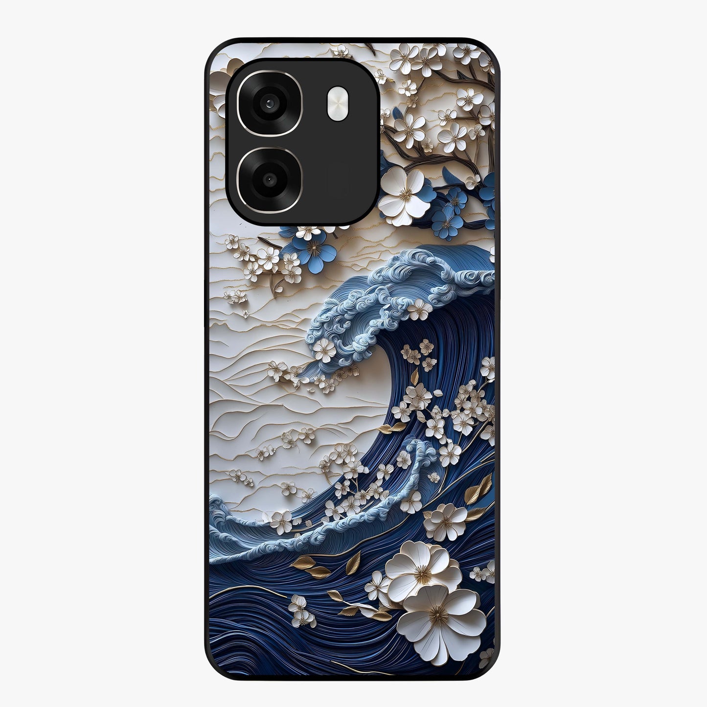 Floral Wave Origami Glass Case showing flat back view with origami inspired floral wave artwork and glossy glass finish.