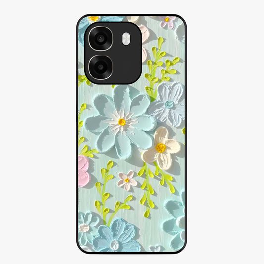 Frosted Petal Garden Glass Case showing flat back view with soft frosted floral artwork and glossy glass finish.