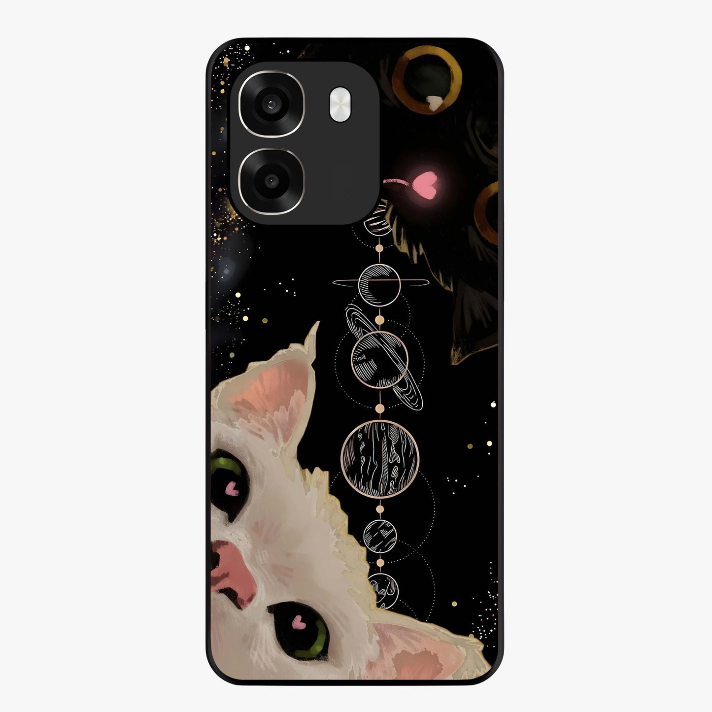 Galactic Cat Glass Case showing flat back view with cosmic cat artwork and glossy glass finish.