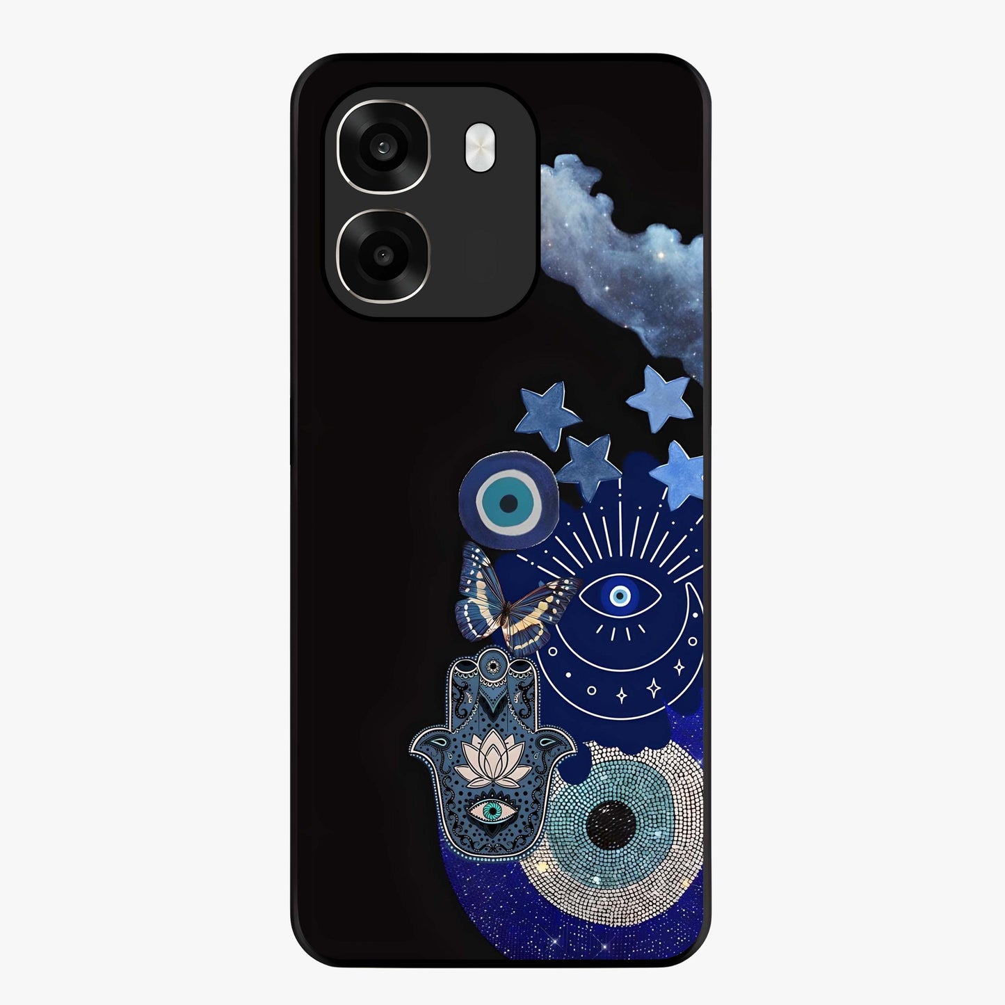 Galactic Charm Cluster Glass Case showing flat back view with glowing celestial charm artwork and glossy glass finish.
