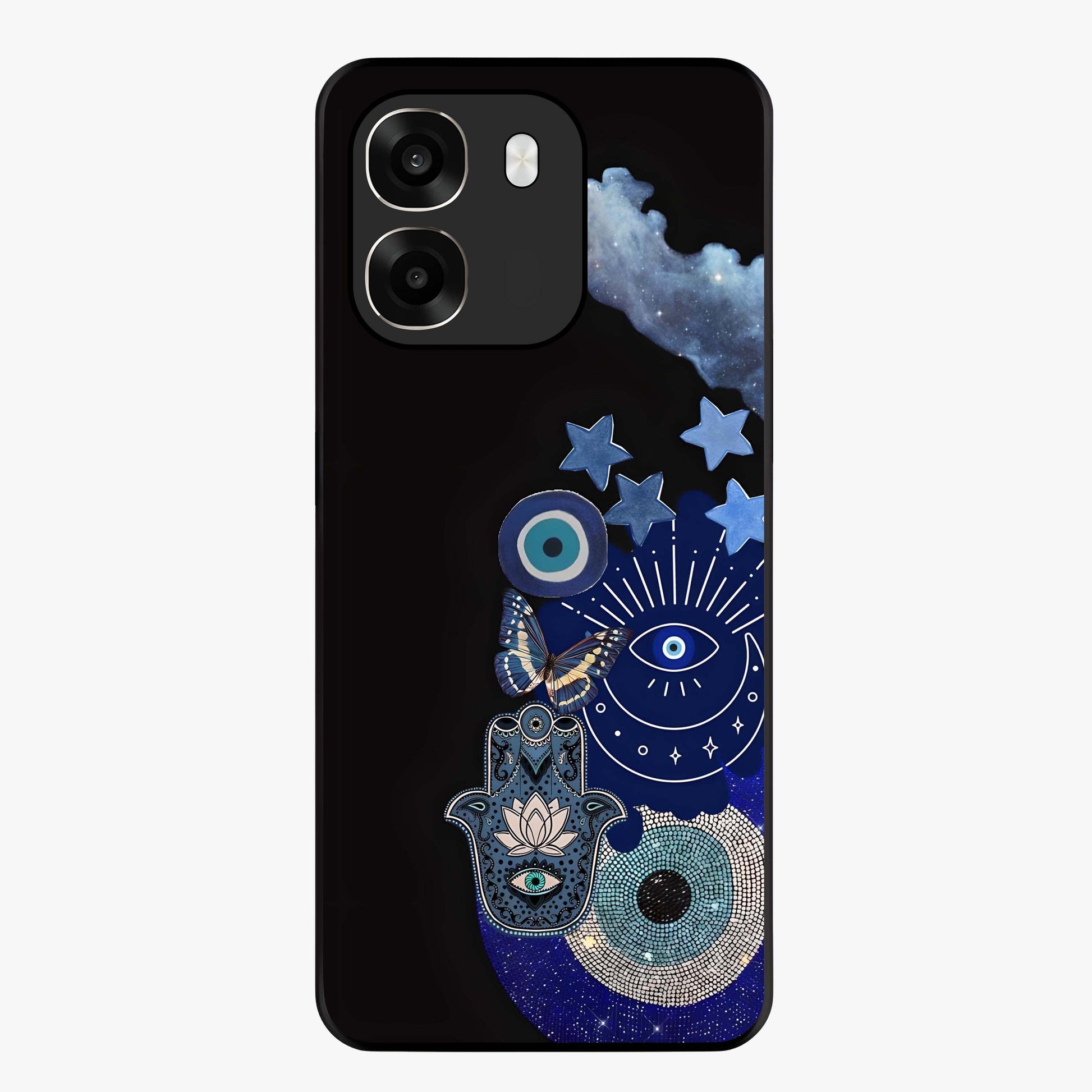 Galactic Charm Cluster Glass Case showing flat back view with glowing celestial charm artwork and glossy glass finish.
