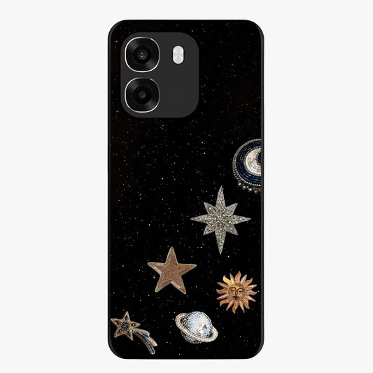 Galactic Charm Glow Glass Case showing flat back view with glowing celestial charm artwork and glossy glass finish.