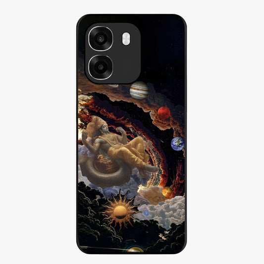 Galactic Divine God Glass Case showing flat back view with divine cosmic themed artwork and glossy glass finish.