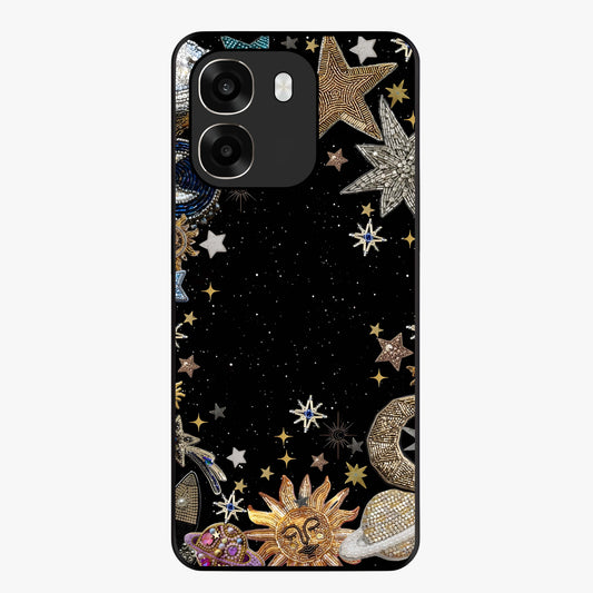 Galactic Jewel Stars Glass Case showing flat back view with sparkling star jewel artwork and glossy glass finish.