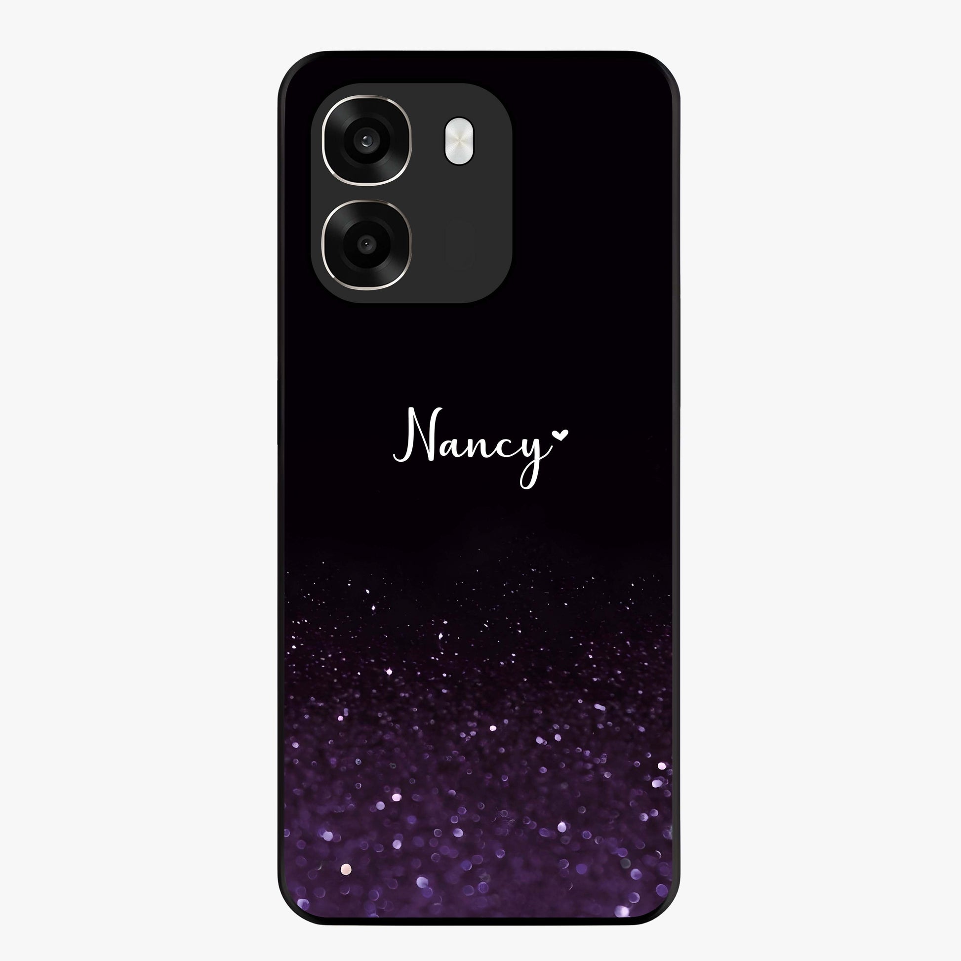 Glittery Purple Bokeh Custom Name Glass Case showing flat back view with purple bokeh sparkle artwork and personalized name design.