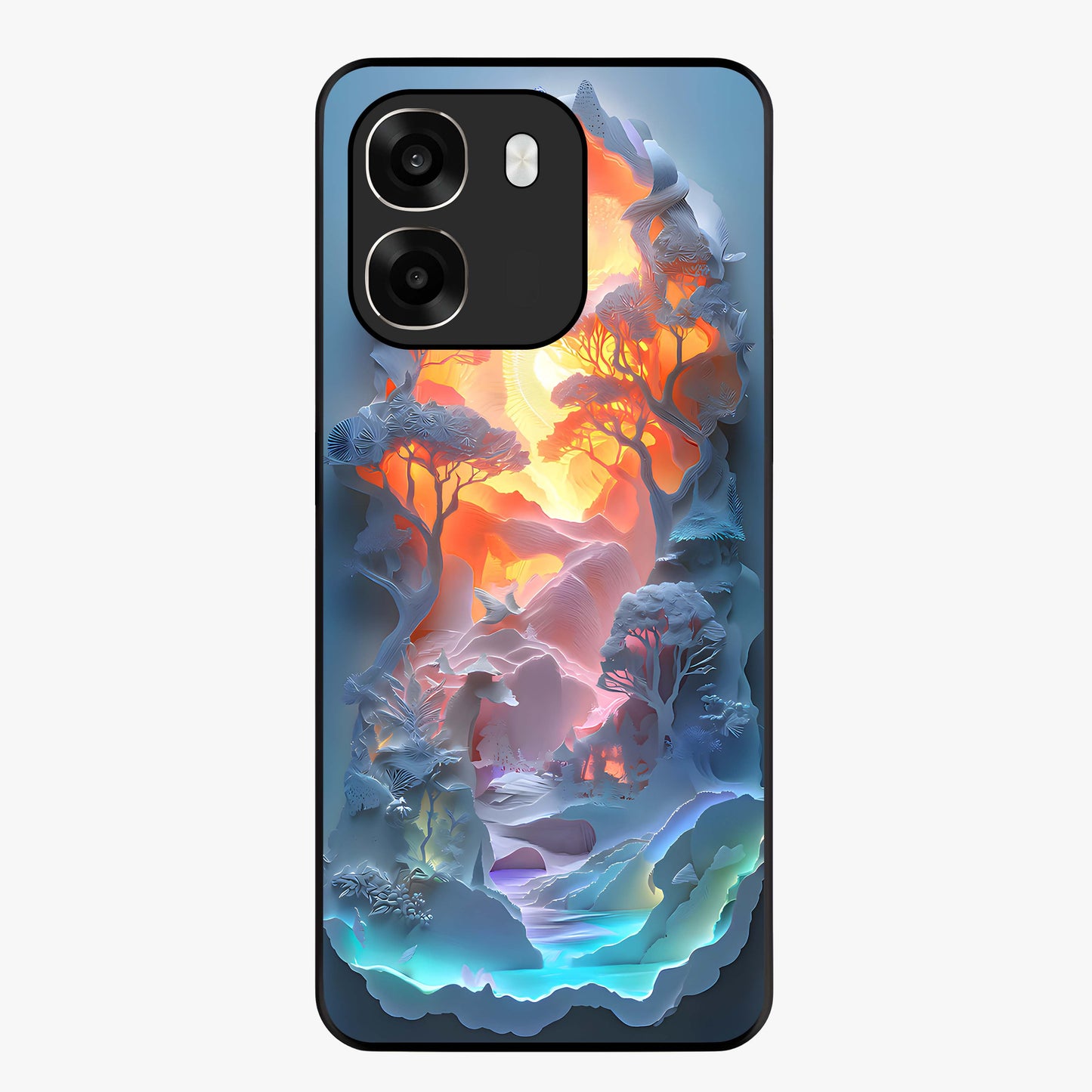 Glow Forest Portal Glass Case showing flat back view with glowing forest portal artwork and glossy glass finish.