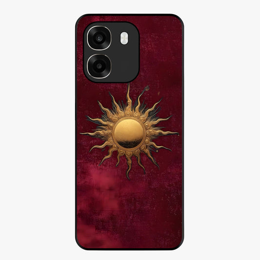 Gold Sun Blush Glass Case showing flat back view with golden sun inspired artwork and glossy glass finish.