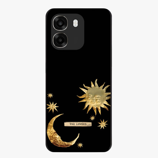 Golden Celestial Charm Glass Case showing flat back view with golden celestial charm artwork and glossy glass finish.