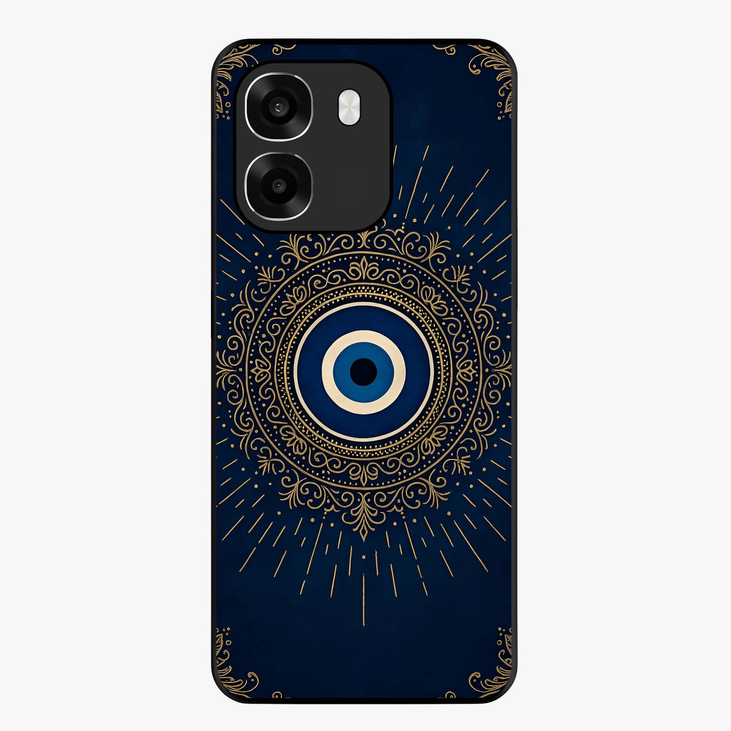 Golden Evil Eye Mandala Glass Case showing flat back view with intricate evil eye mandala artwork and glossy glass finish.
