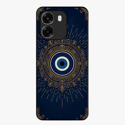 Golden Evil Eye Mandala Glass Case showing flat back view with intricate evil eye mandala artwork and glossy glass finish.