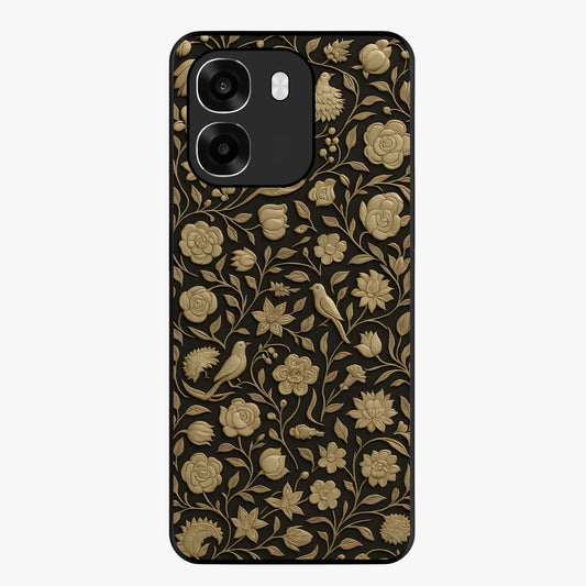 Golden Floral Majesty Glass Case showing flat back view with luxurious golden floral artwork and glossy glass finish.