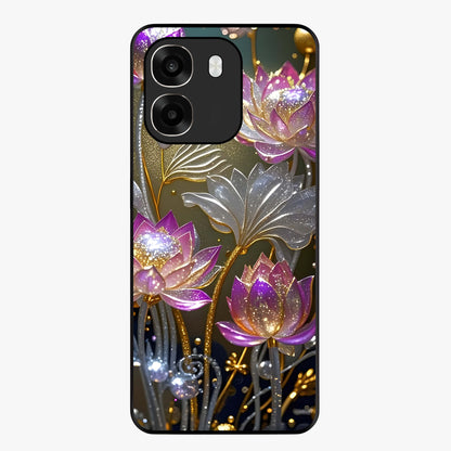 Golden Lotus Glow Glass Case showing flat back view with glowing lotus flower artwork and glossy glass finish.