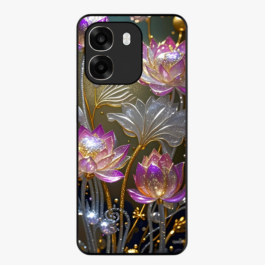 Golden Lotus Glow Glass Case showing flat back view with glowing lotus flower artwork and glossy glass finish.