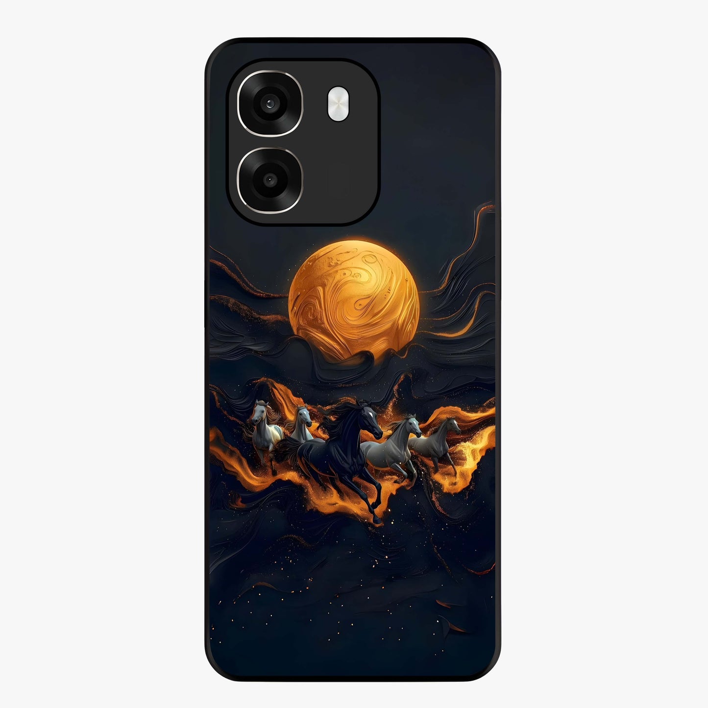 Golden Stallion Moonride Glass Case showing flat back view with majestic horse under moonlight artwork and glossy glass finish.