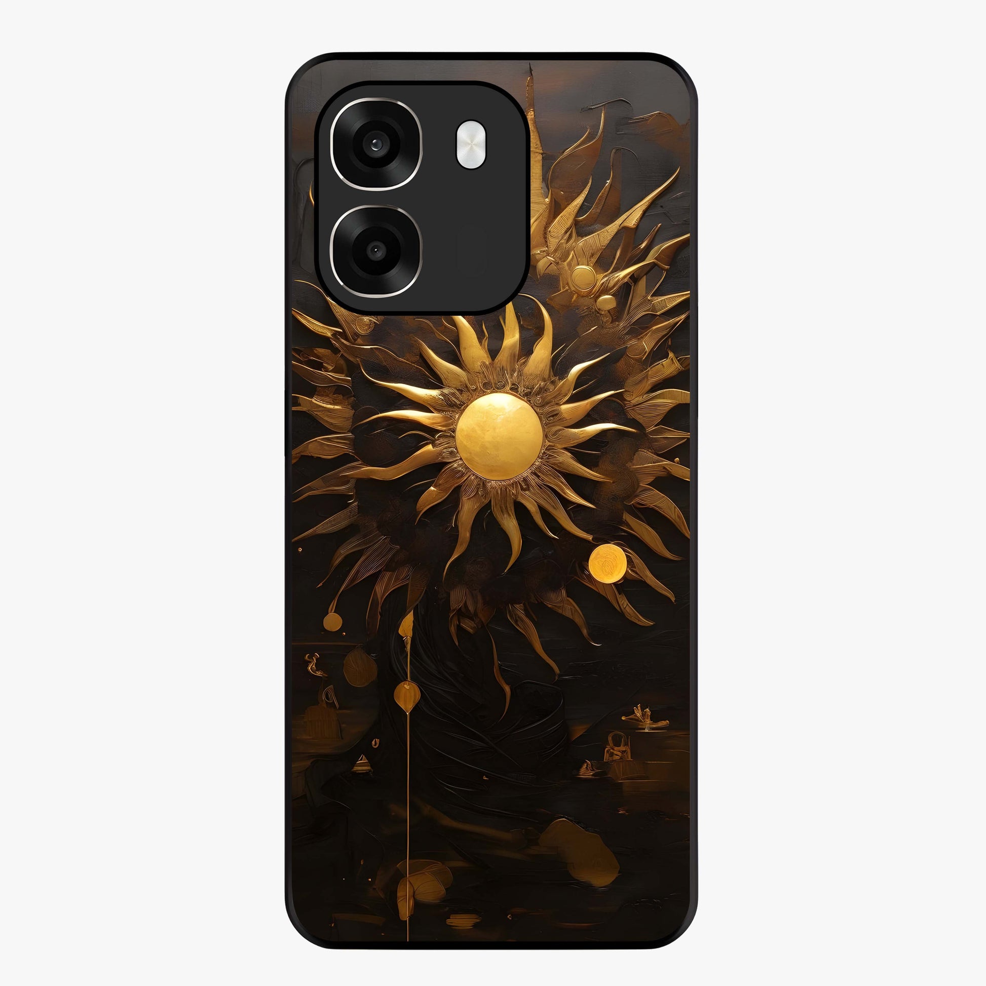 Golden Sun Majesty Glass Case showing flat back view with radiant golden sun artwork and glossy glass finish.