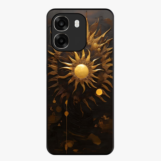 Golden Sun Majesty Glass Case showing flat back view with radiant golden sun artwork and glossy glass finish.
