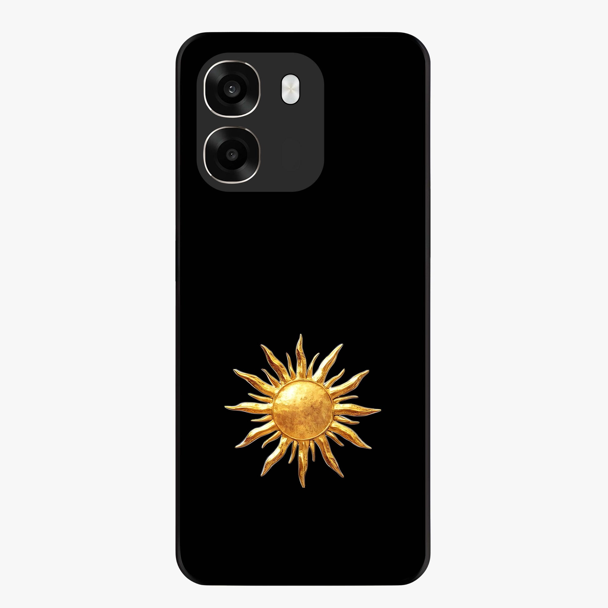 Golden Sun Minimalism Glass Case showing flat back view with minimal golden sun artwork and glossy glass finish.